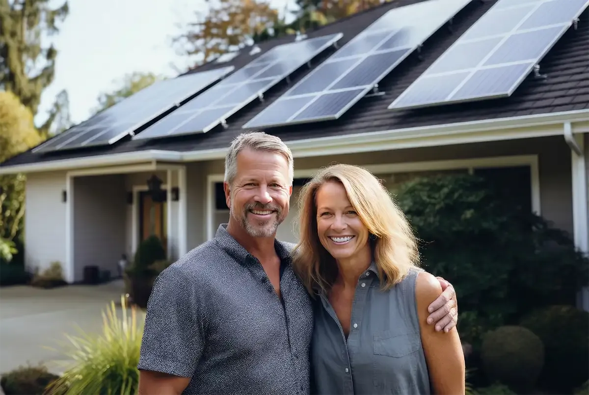Happy couple with newly installed solar panels on their roof