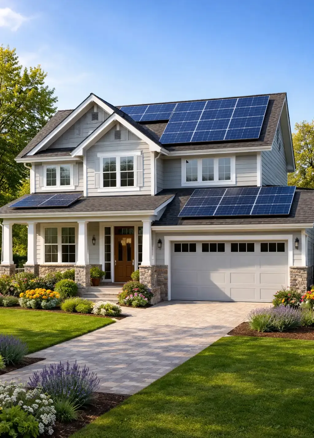 An aerial photo of another home with residential solar panels installed on the roof