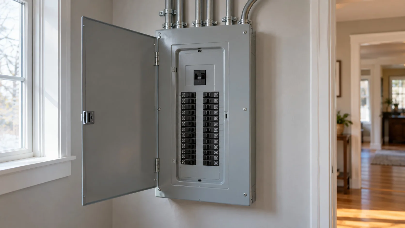 A residential electrical panel with its door open and two columns of breakers