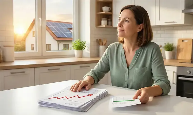 A happy woman looking at her energy bill savings