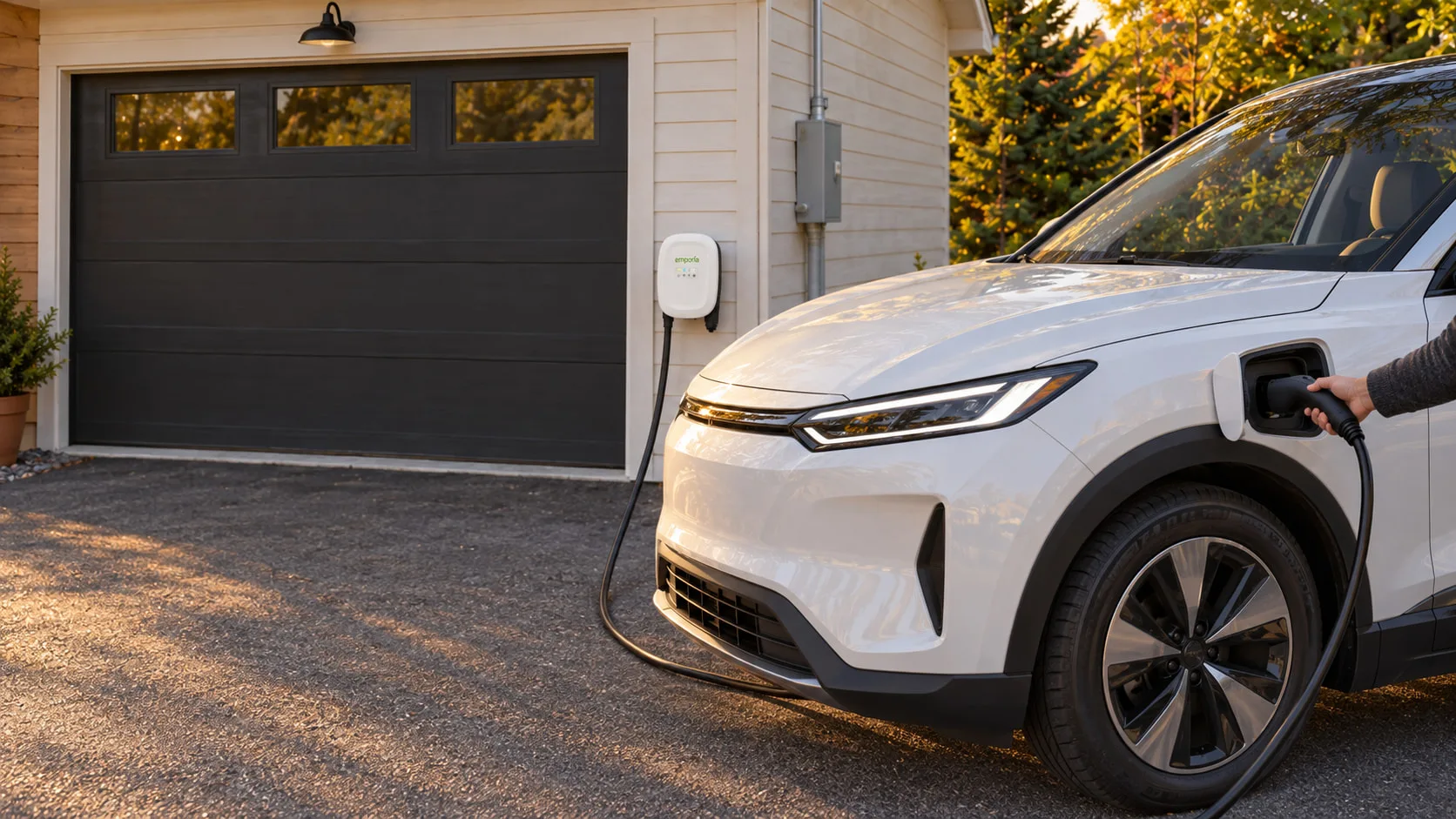 A white electric SUV charging in a driveway from a wall-mounted charger beside the garage