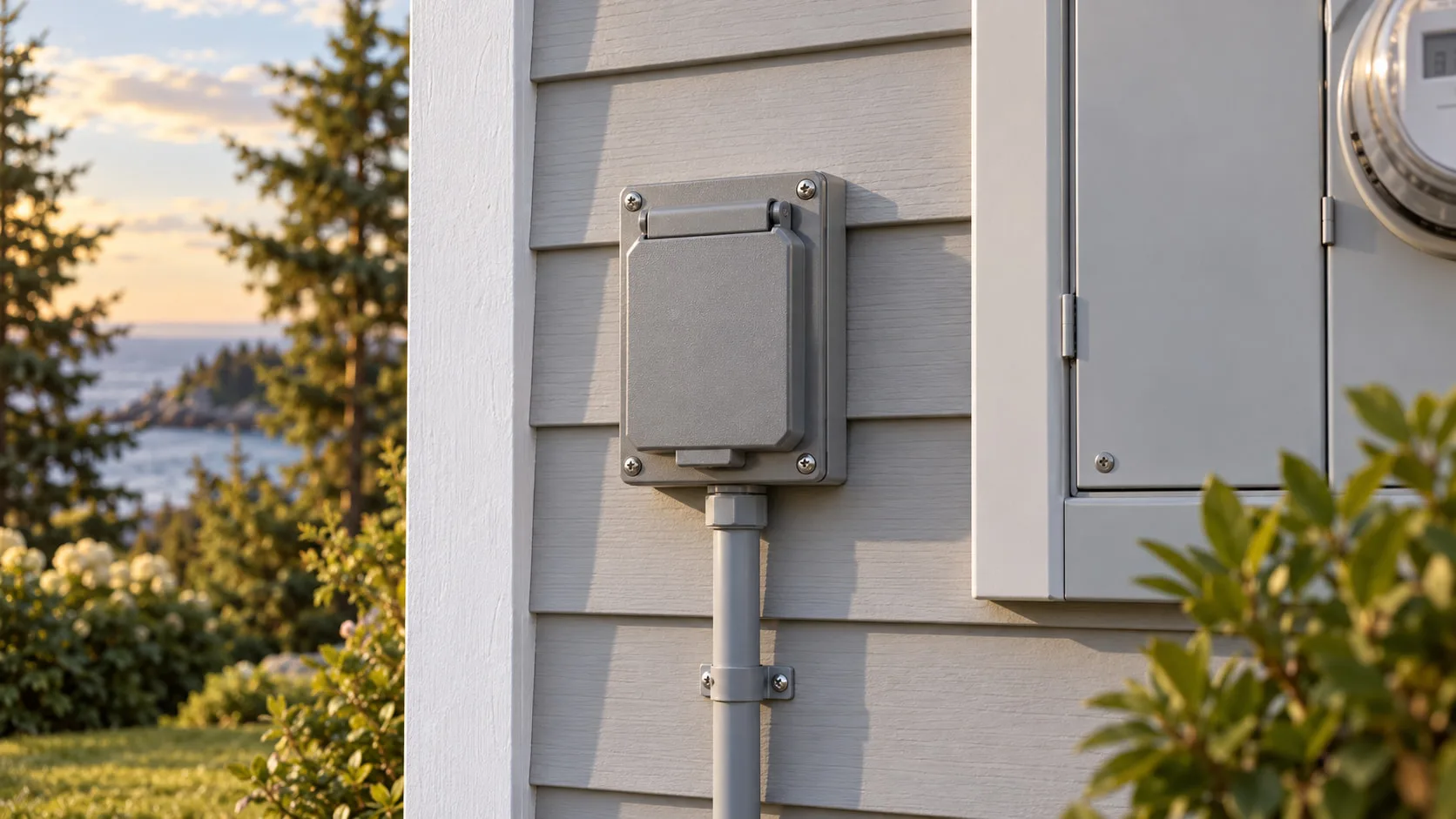 A closed weatherproof generator inlet on the siding of a home, with conduit running down from it, beside the electrical meter enclosure