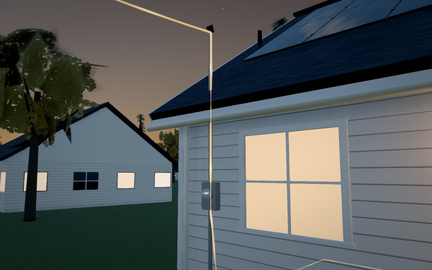 The two-way meter on the front wall at dusk, with the windows lit and the line to the grid