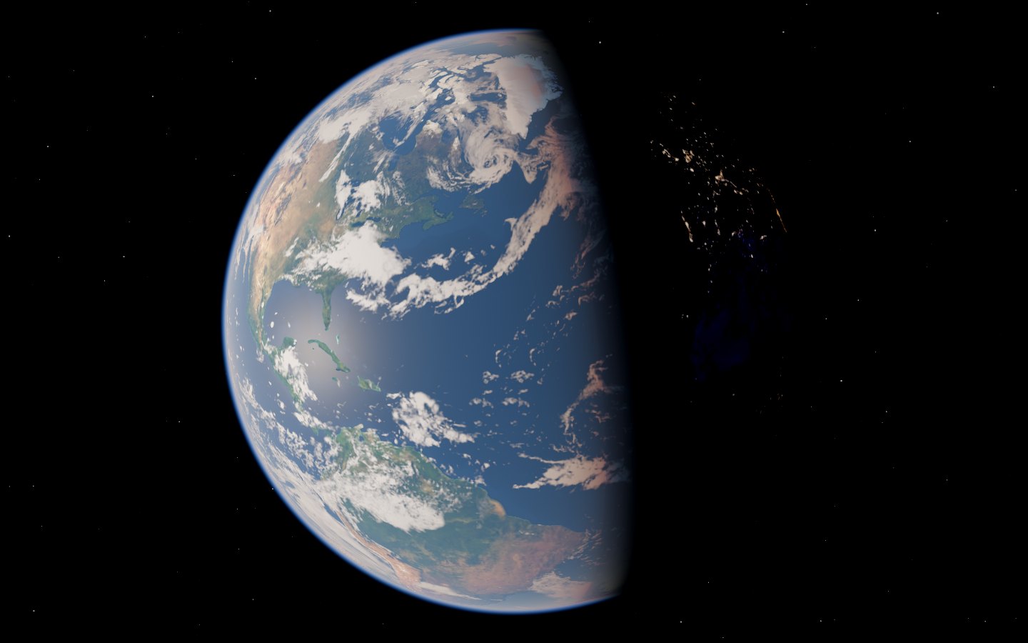 Earth from space over the Atlantic: North America in daylight, Europe and Africa at night with city lights