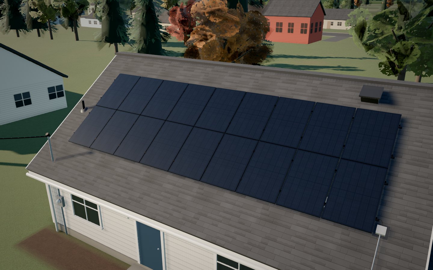 An all-black solar array on the front of the roof, seen from above in late-afternoon light