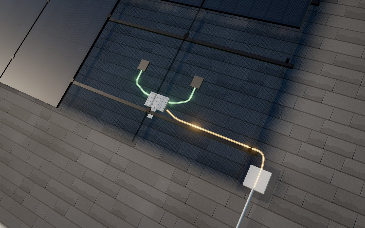 A cutaway beneath two all-black solar panels: a microinverter on the mounting rail, short green lines from the panels into it, and a gold line carrying AC power along the rail to a junction box at the corner of the array