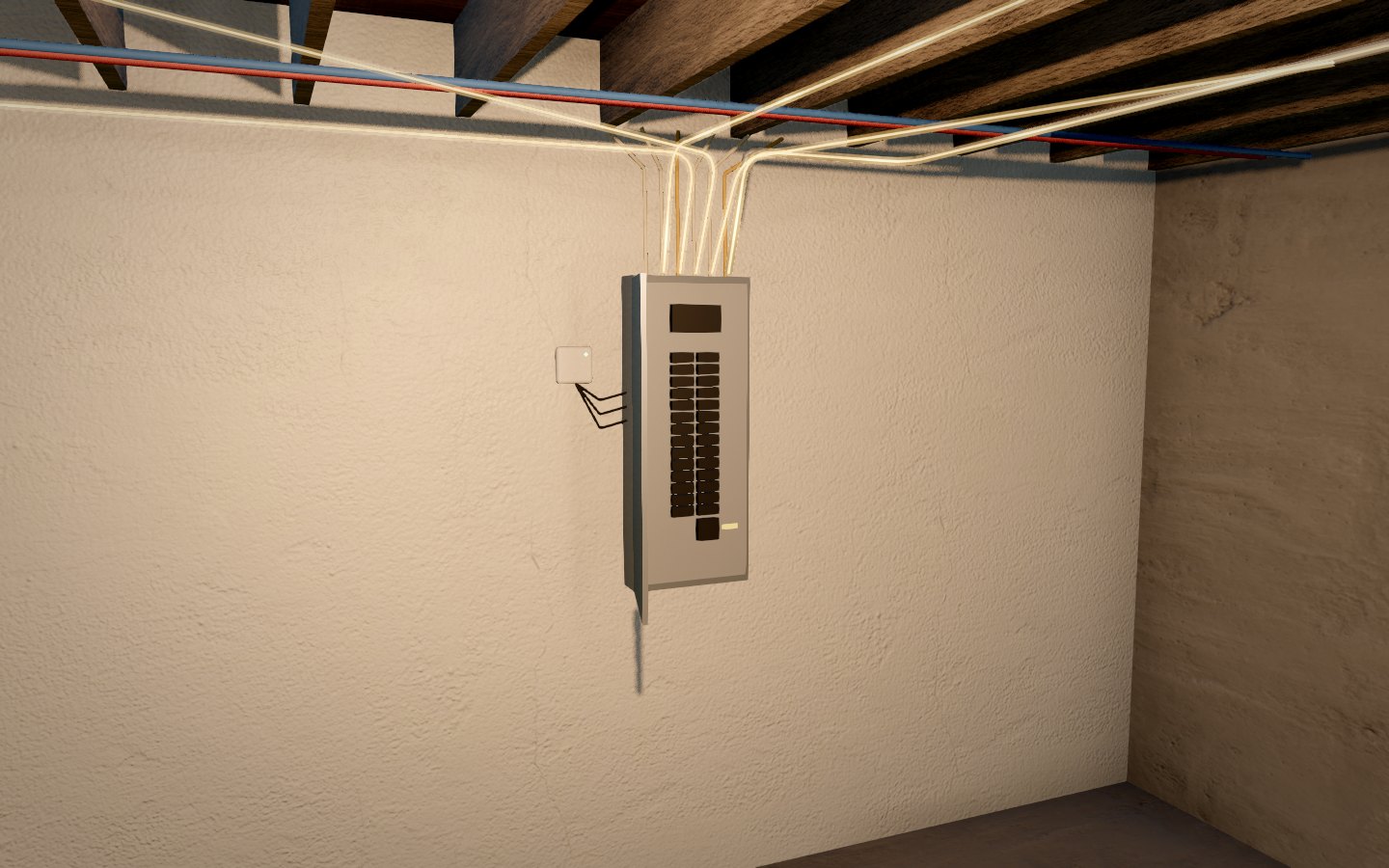 A basement utility room: an open electrical panel with an energy monitor beside it, and gold explanatory lines running to the ceiling light, the laundry and the rooms above