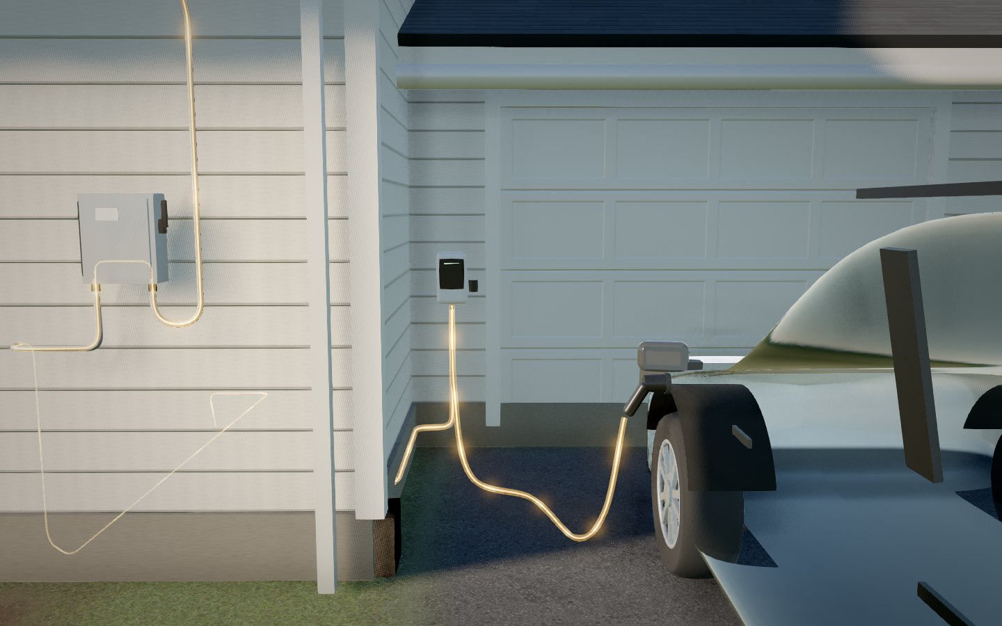 A wall-mounted EV charger beside the garage, its cable plugged into a car in the driveway