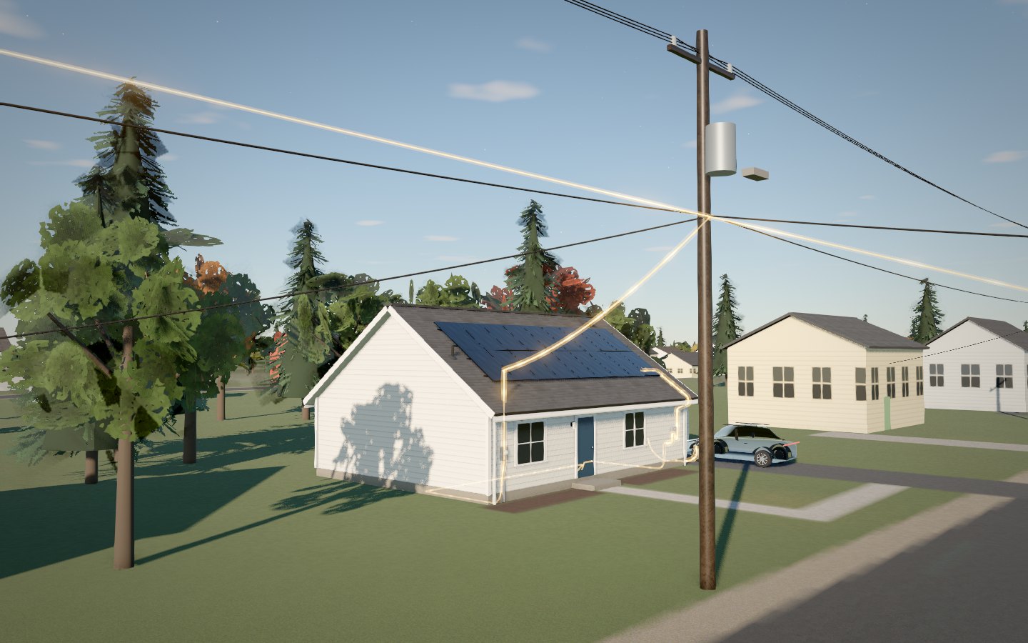The house from the street in late-afternoon light, with a gold line from its meter up the service wire to the utility pole and along the street lines